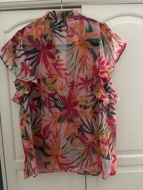 Jessica Simpson tropical  Floral Ruffle Sleeve Blouse - Pink & Orange
